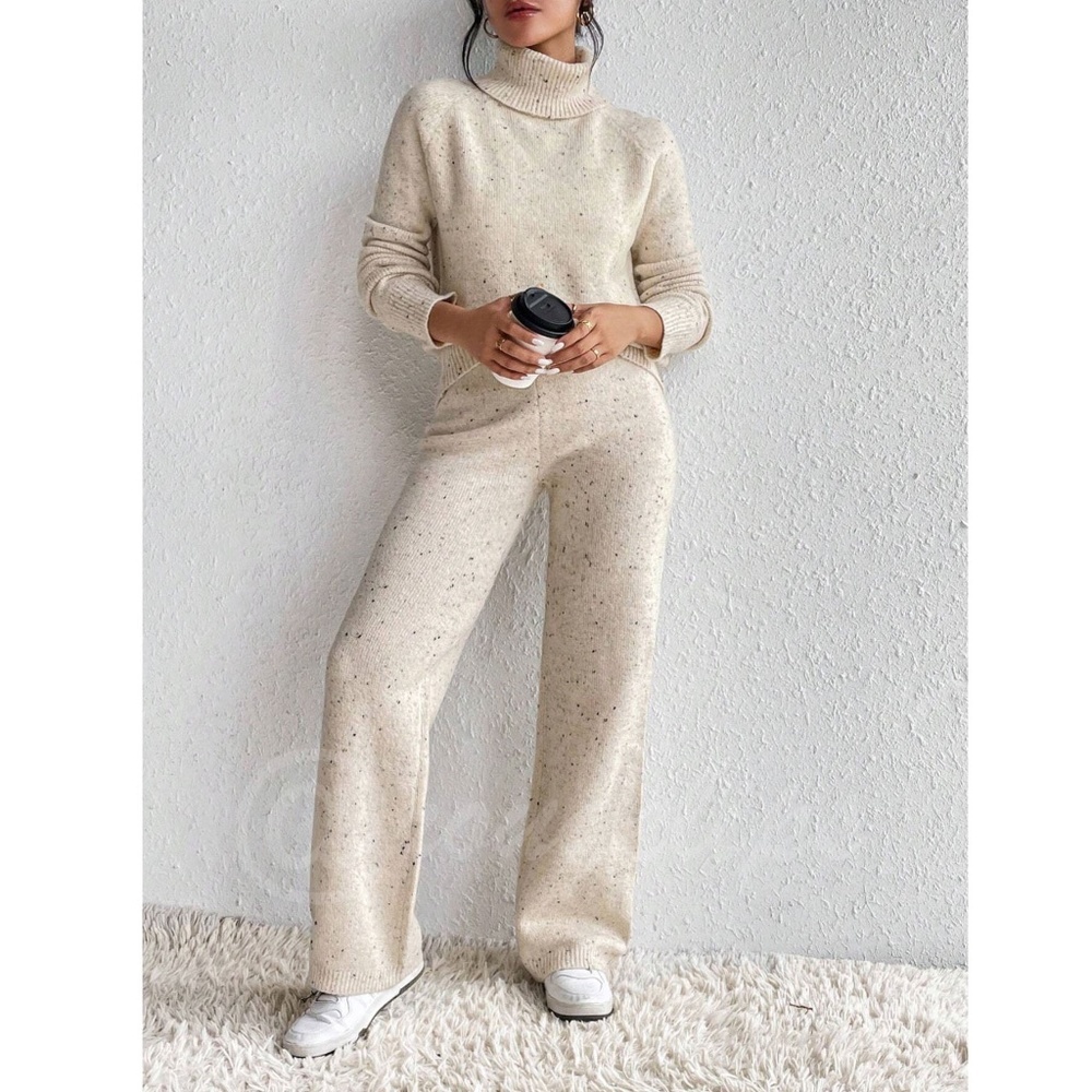 2 Piece Knit Set Turtleneck Sweater & Pants Beige